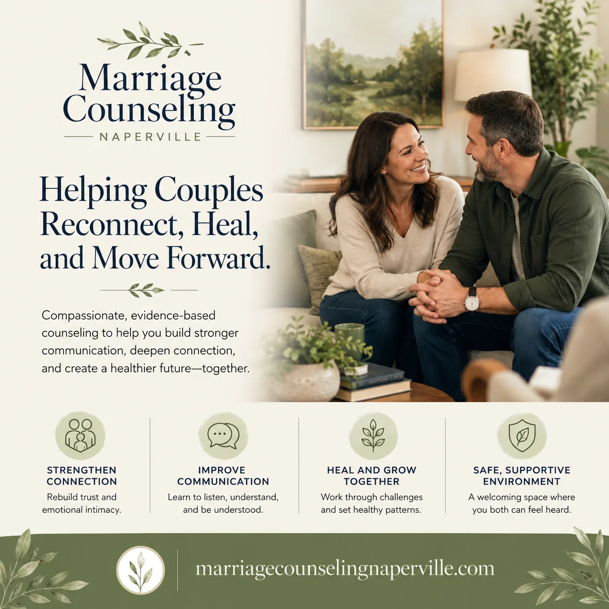 Couple reconnecting and smiling in marriage counseling session in Naperville — helping couples heal and move forward