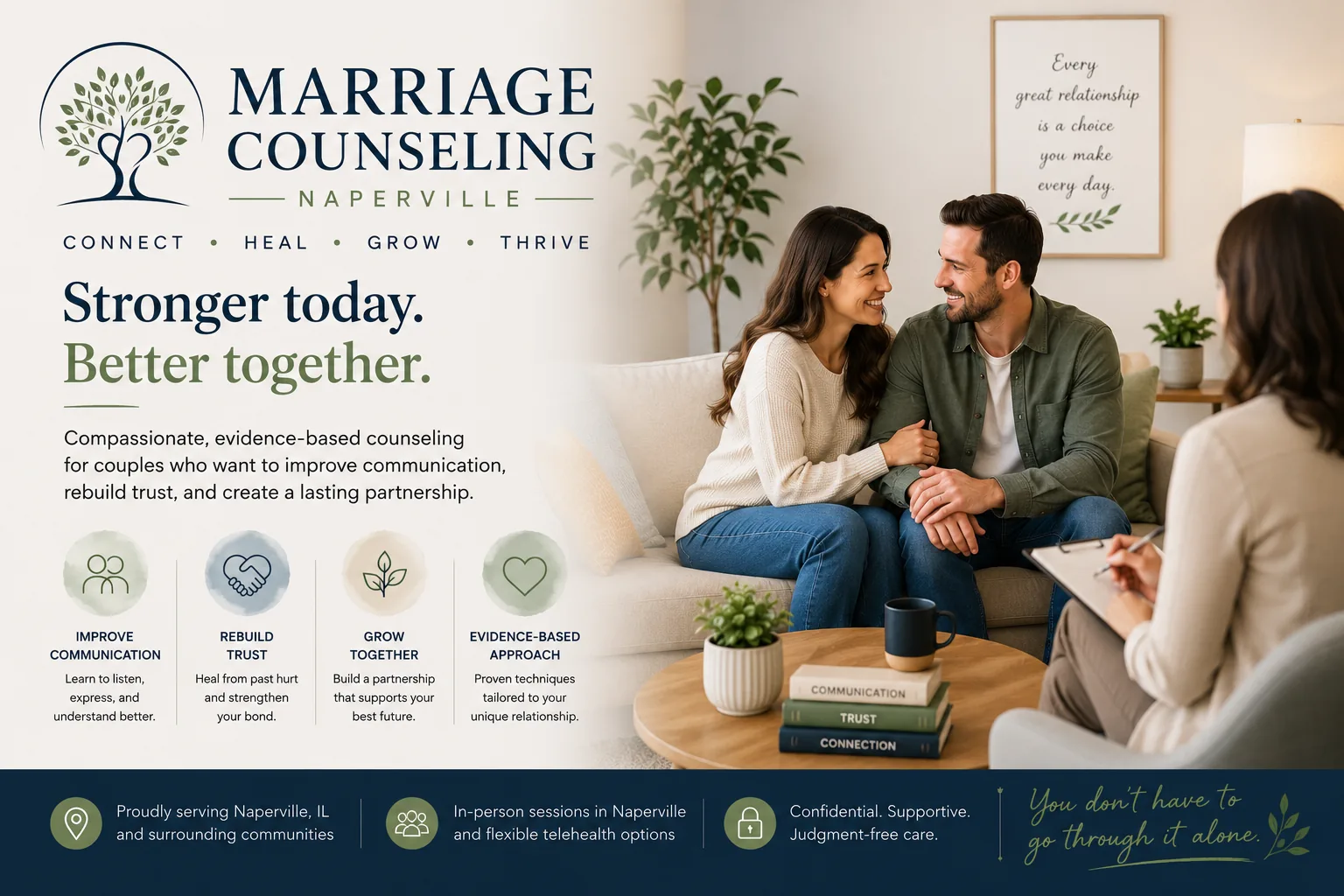 Smiling couple in evidence-based couples therapy session in Naperville — stronger today, better together