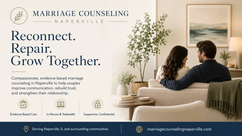 Couple sitting closely on sofa in marriage counseling in Naperville — reconnect, repair, and grow together