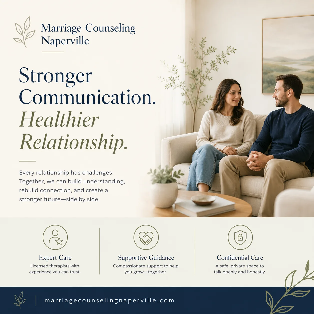 Couple sitting together on sofa in couples therapy session in Naperville — stronger communication and healthier relationship