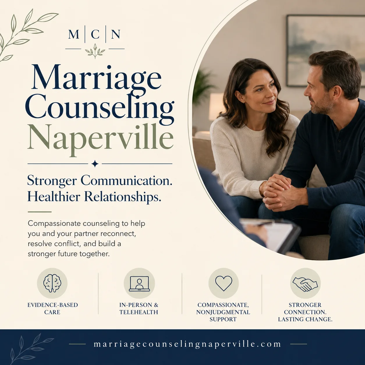 Couple in marriage counseling in Naperville — stronger communication and healthier relationships via in-person and telehealth